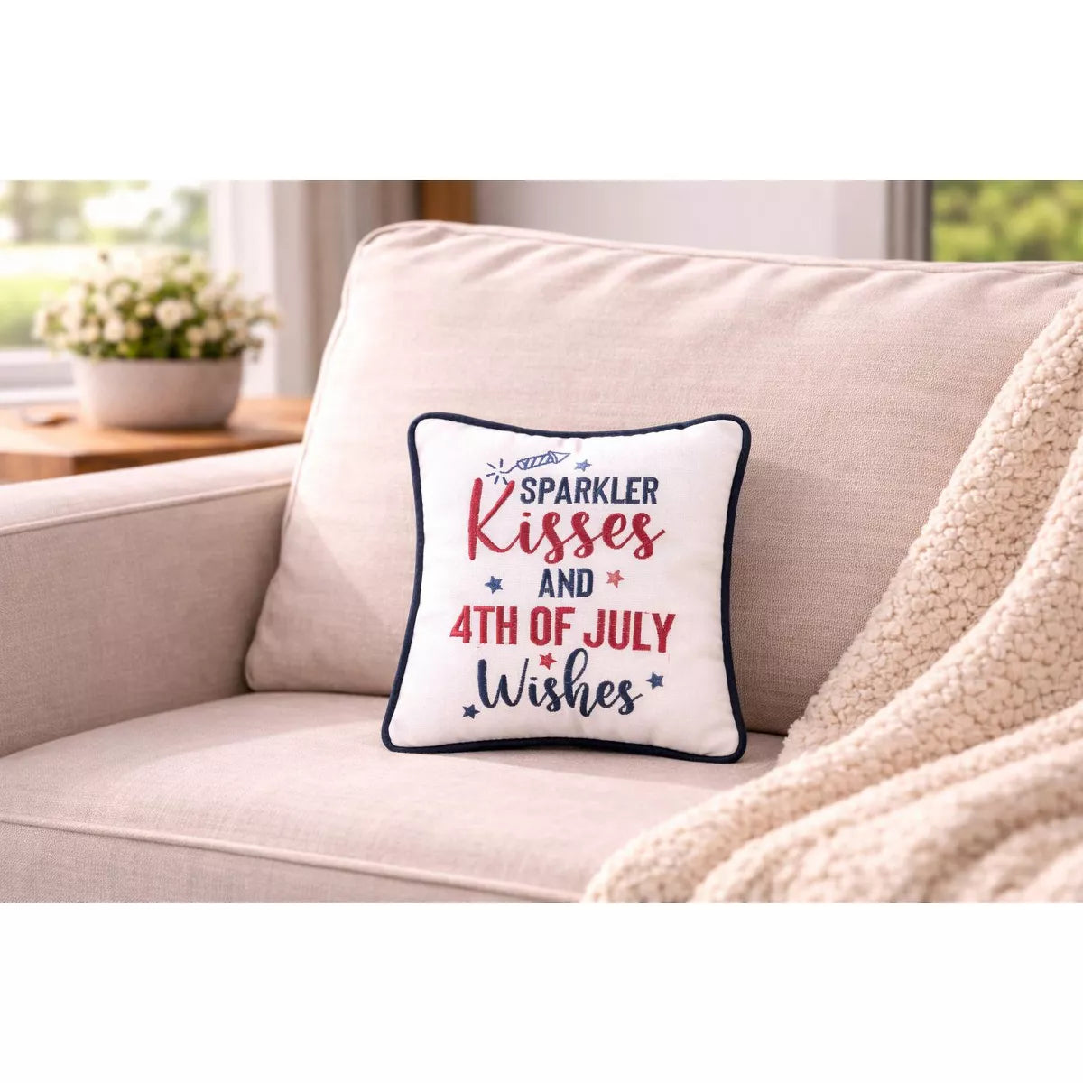 C&F Home Patriotic "Sparkler Kisses & 4Th of July Kisses" Embroidered Mini Square Accent Pillow, 10" X 10"