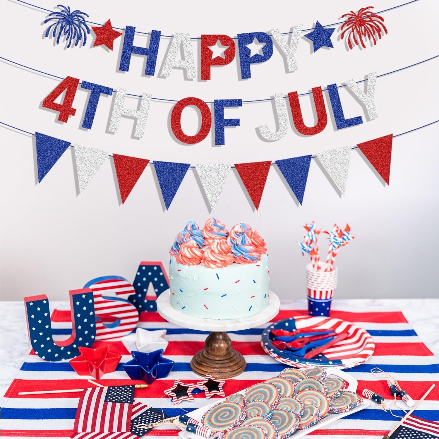 Happy 4Th of July Banner, Red White Blue Glitter 4Th of July Pennant Banner, Happy 4Th of July Decorations, America Independence Day Hanging Banner, 4Th of July Home Office Decorations