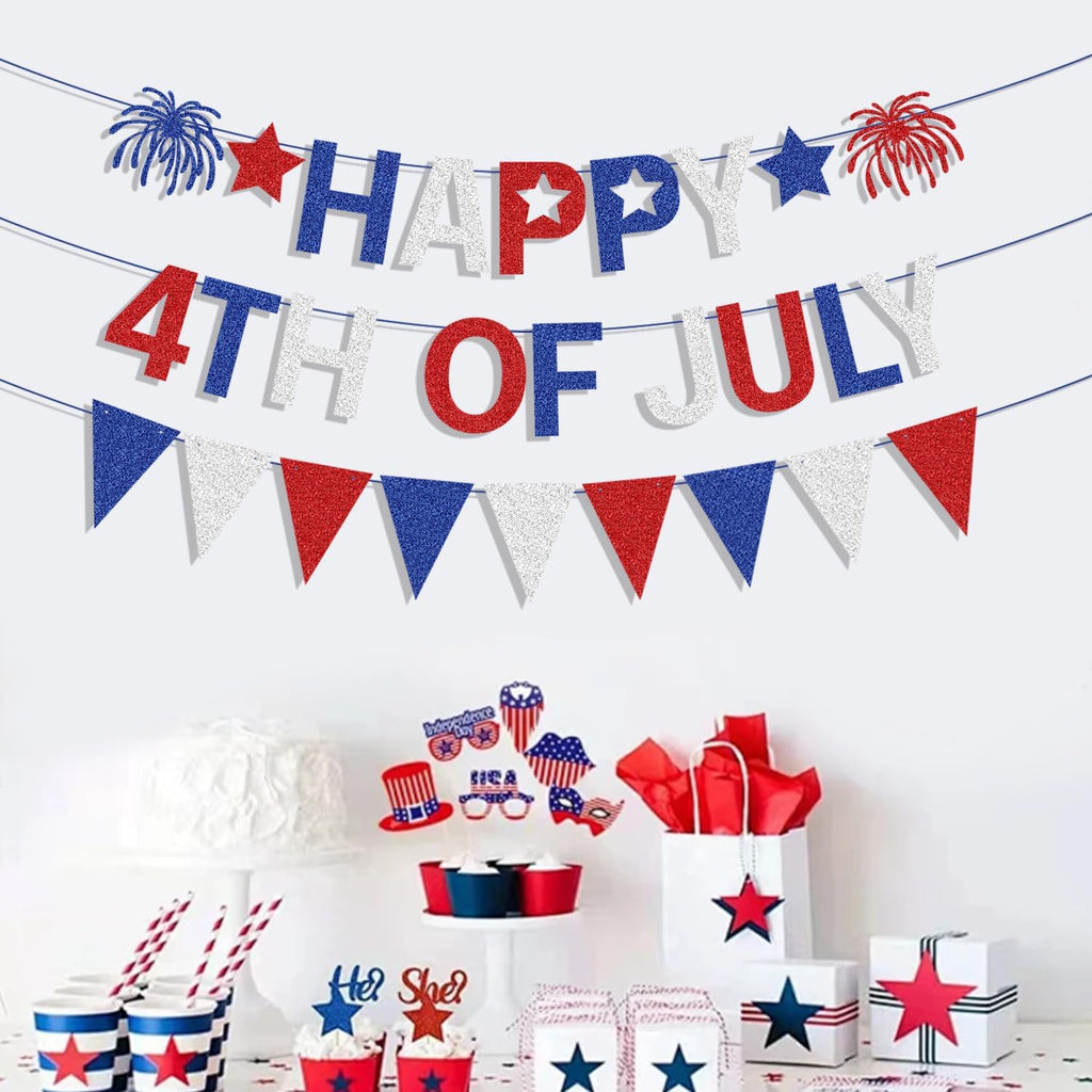 Happy 4Th of July Banner, Red White Blue Glitter 4Th of July Pennant Banner, Happy 4Th of July Decorations, America Independence Day Hanging Banner, 4Th of July Home Office Decorations