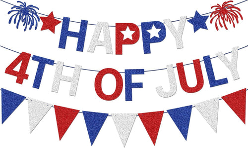 Happy 4Th of July Banner, Red White Blue Glitter 4Th of July Pennant Banner, Happy 4Th of July Decorations, America Independence Day Hanging Banner, 4Th of July Home Office Decorations